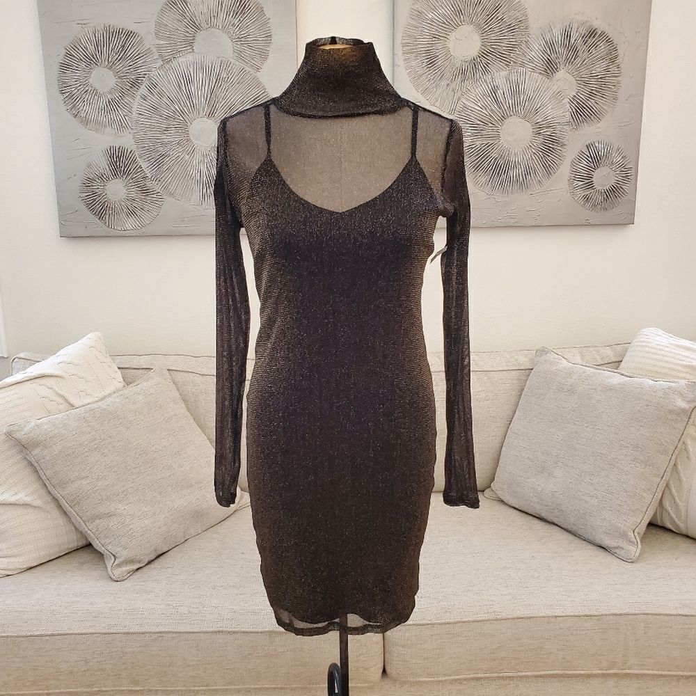 Love, Fire Gold Shimmer Mock-Neck Long-Sleeve Dress size Large